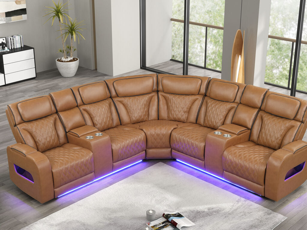 Jazz Fortuner Light Brown Faux Leather 3-Piece Power Motion Sectional Sofa with LED, Wireless Charging & Bluetooth – 81644 — product view 2