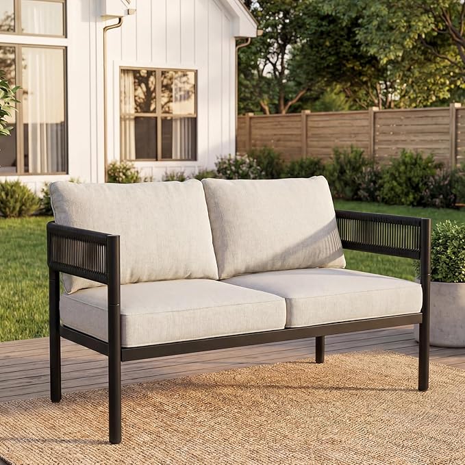 LOUNGE YARD 2-Seat Outdoor Wicker Loveseat with Thick Cushions for Porch and Garden — product view 1