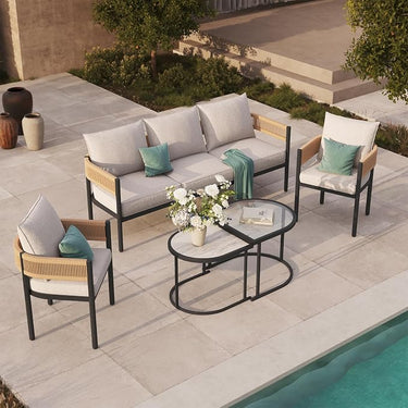 LOUNGE YARD 4-Seat Conversation Sofa Set, All-Weather Wicker Outdoor Loveseat with Thick Cushions for Porch and Garden