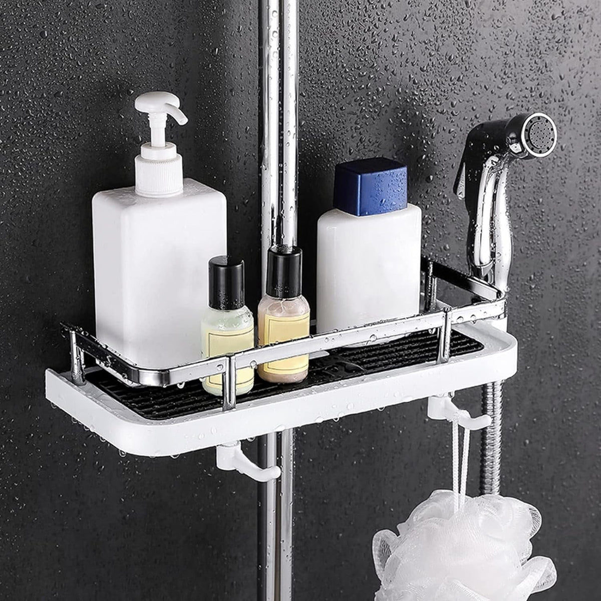 No Drilling Bathroom Pole Shower Storage Rack Holder | LoungeYard — product view 1