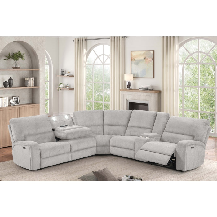 3-Piece Light Grey Chenille Fabric Power Recliner Sectional Sofa with Console & LED Lights – 8299 — product view 1