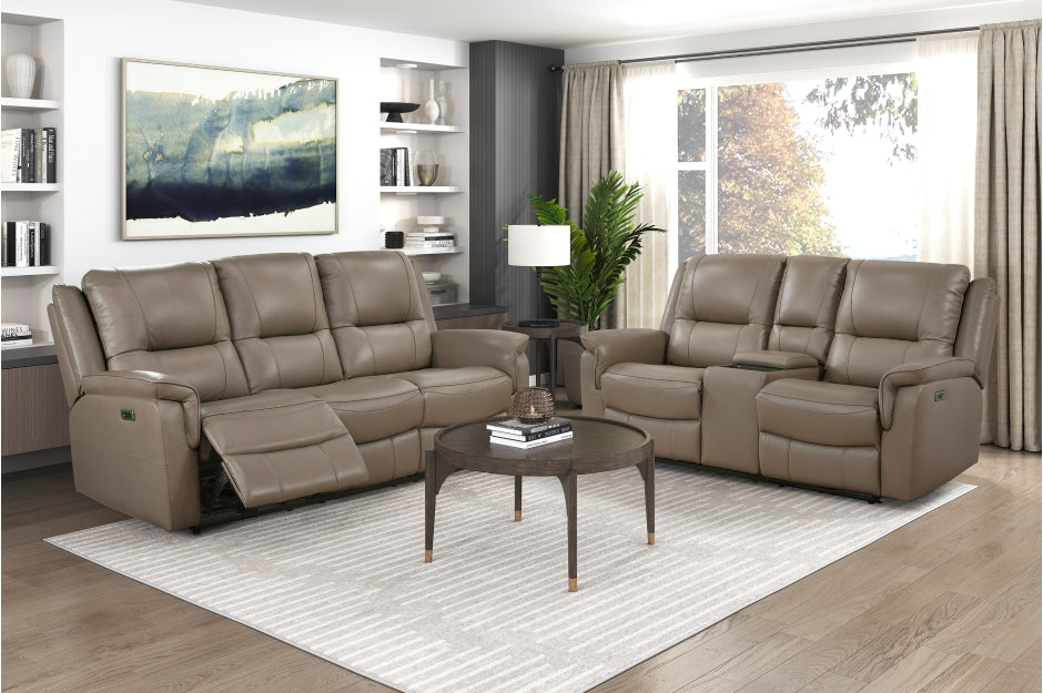 Haven 2-Piece Power Motion Sofa & Loveseat Set – Dark Taupe Top Grain Leather & Recliner Ends – 8301DTP-2PC — product view 1
