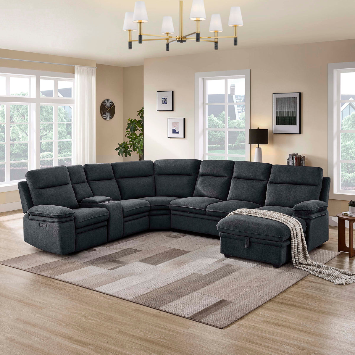 3-Piece Grey Chenille Fabric Power Recliner Sectional Sofa with Sleeper, Storage Chaise & Console – 8317 — product view 1