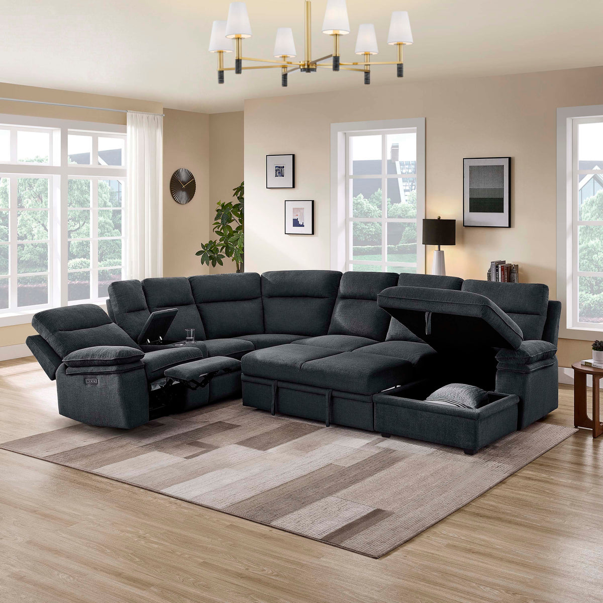 3-Piece Grey Chenille Fabric Power Recliner Sectional Sofa with Sleeper, Storage Chaise & Console – 8317 — product view 2
