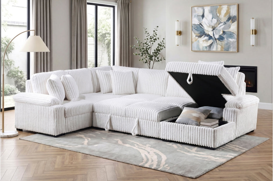 Homelegance Ridge White Plush Corduroy Sectional Sofa with Storage Chaise and Pull-Out Sleeper – 8317WHT — product view 4