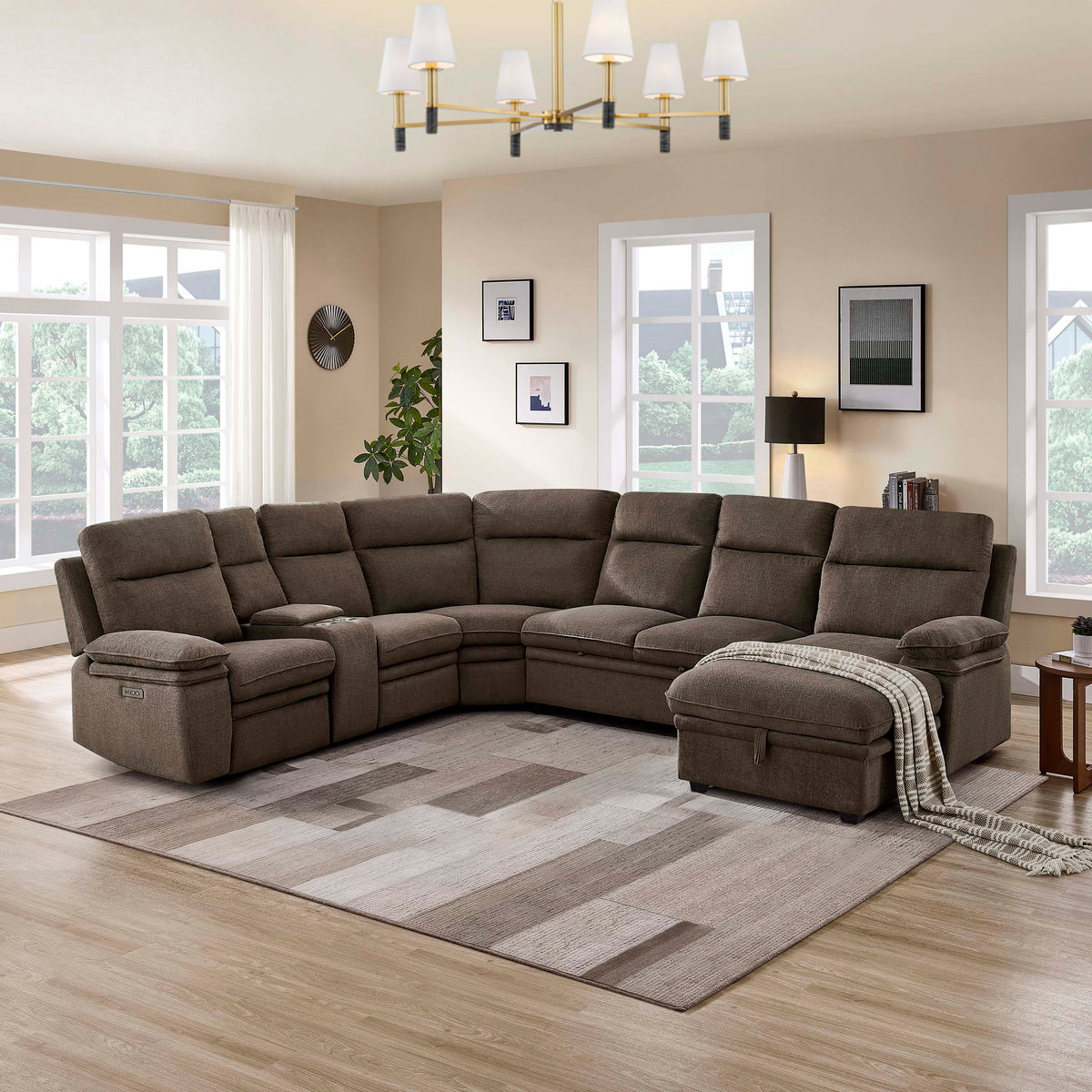 3-Piece Dark Brown Chenille Fabric Power Recliner Sectional Sofa with Sleeper, Storage Chaise & Console – 8318 — product view 1