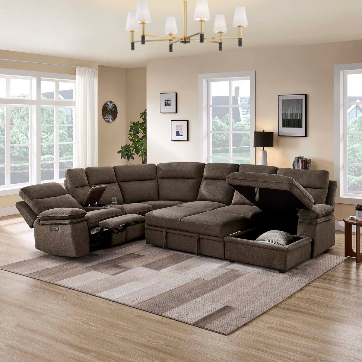 3-Piece Dark Brown Chenille Fabric Power Recliner Sectional Sofa with Sleeper, Storage Chaise & Console – 8318 — product view 2