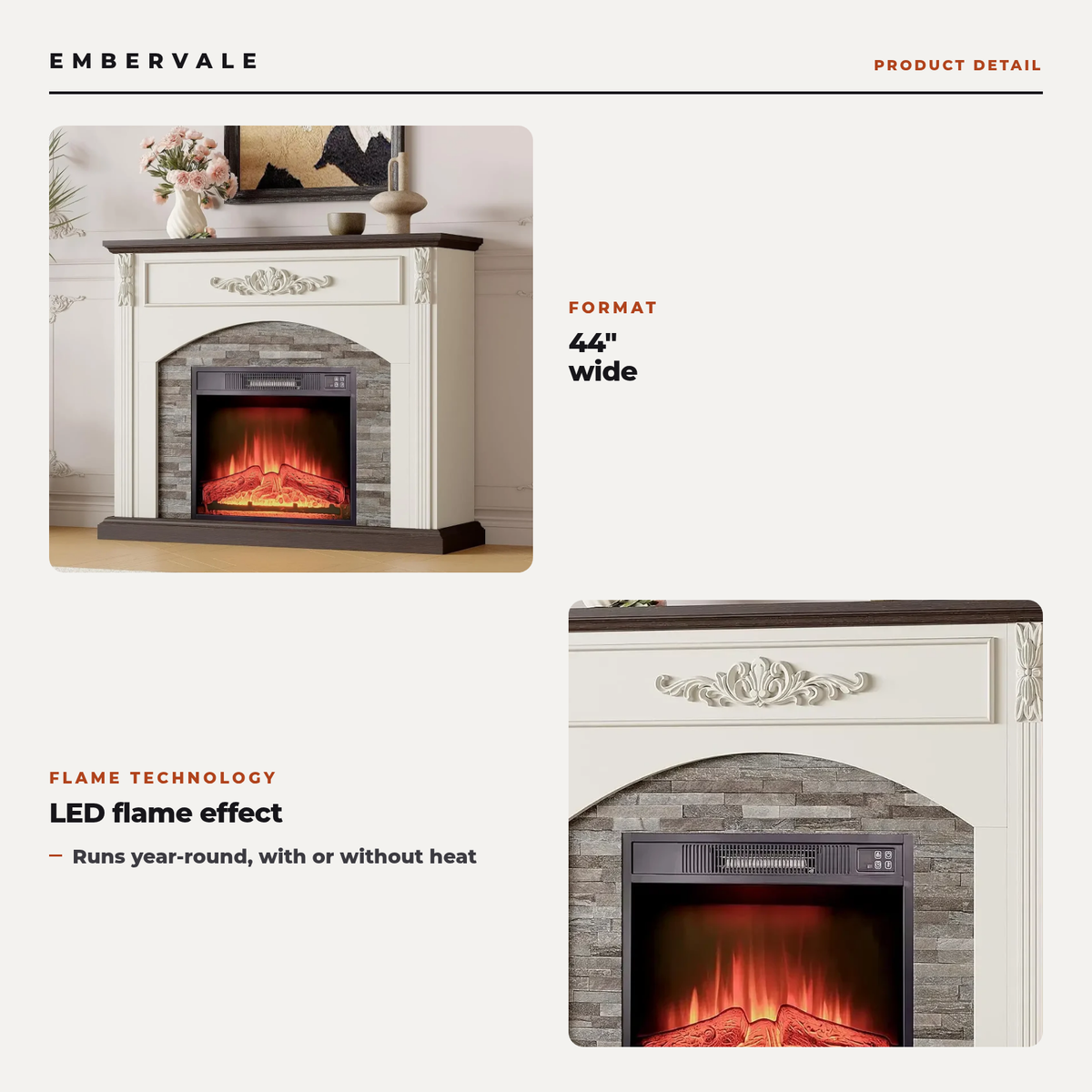 44 Inch Electric Fireplace TV Stand with Mantel, Farmhouse Stacked Stone Surround, White Firebox Media Console — product view 2