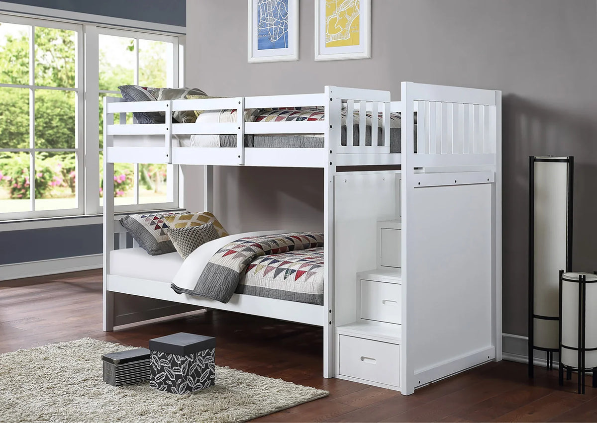 Mandaly White Wood Twin over Twin Bunk Bed with Staircase & Drawers – 8435-WH — product view 1