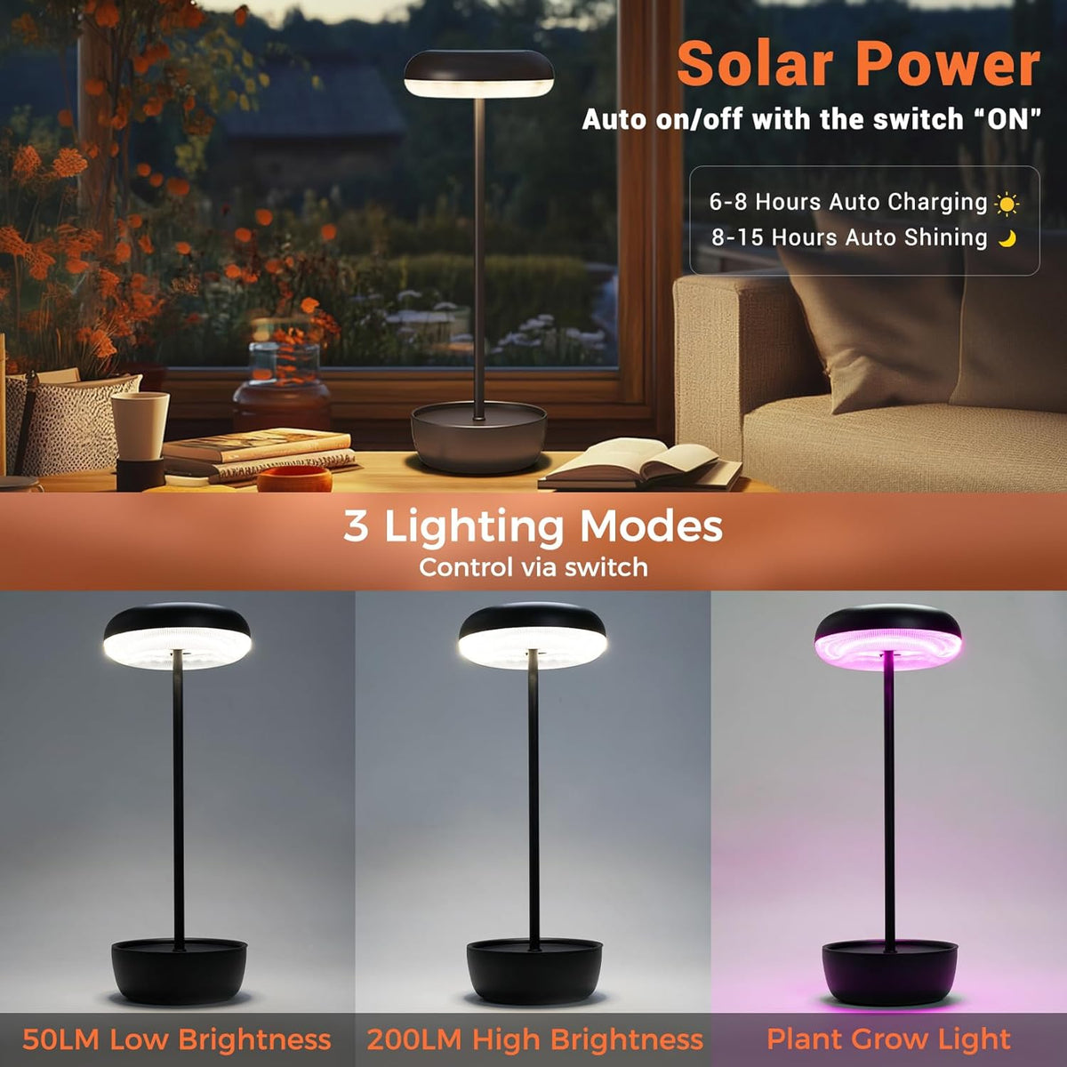 LOUNGE YARD Outdoor Table Lamp Solar Table Lamp with USB-Type C — product view 4
