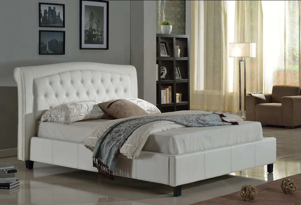 White Faux Leather Tufted Padded Queen Bed Low Rise – 8718-Q-WH — product view 1