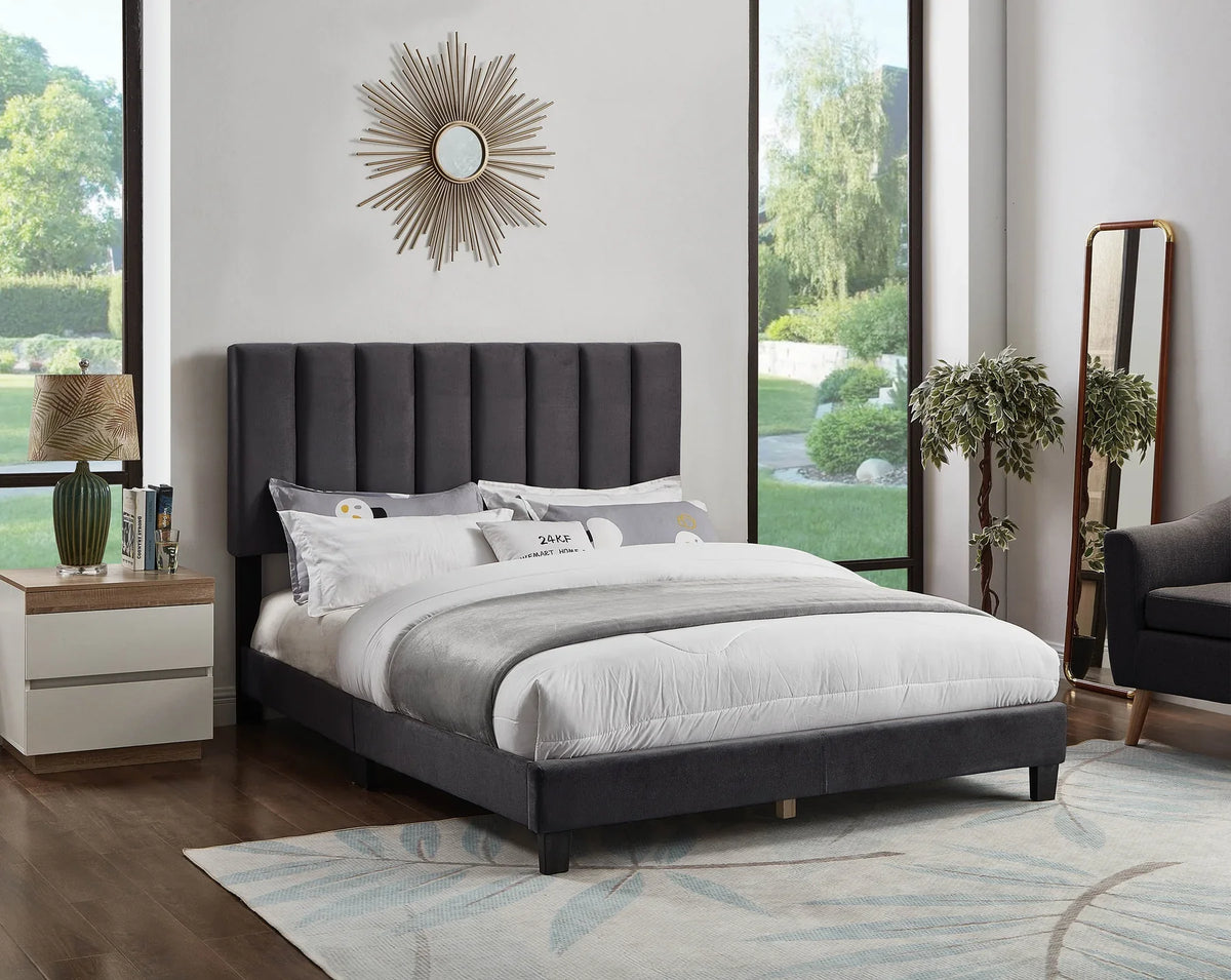 Dark Grey Velvet Tufted Padded Queen Bed Low Rise – 8733-Q — product view 1