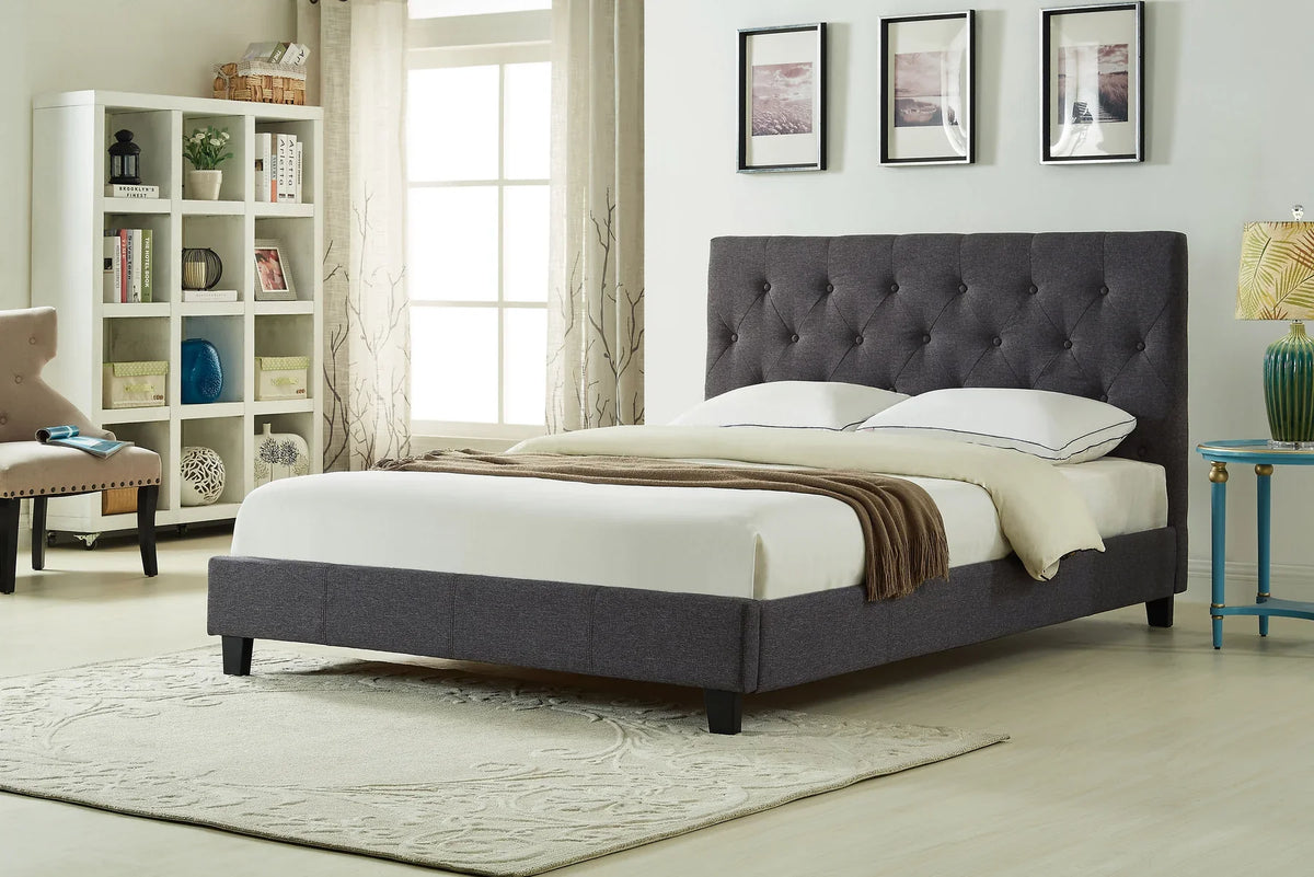 Dark Grey Linen Tufted Padded Queen Bed Low Rise – 8734-Q — product view 1