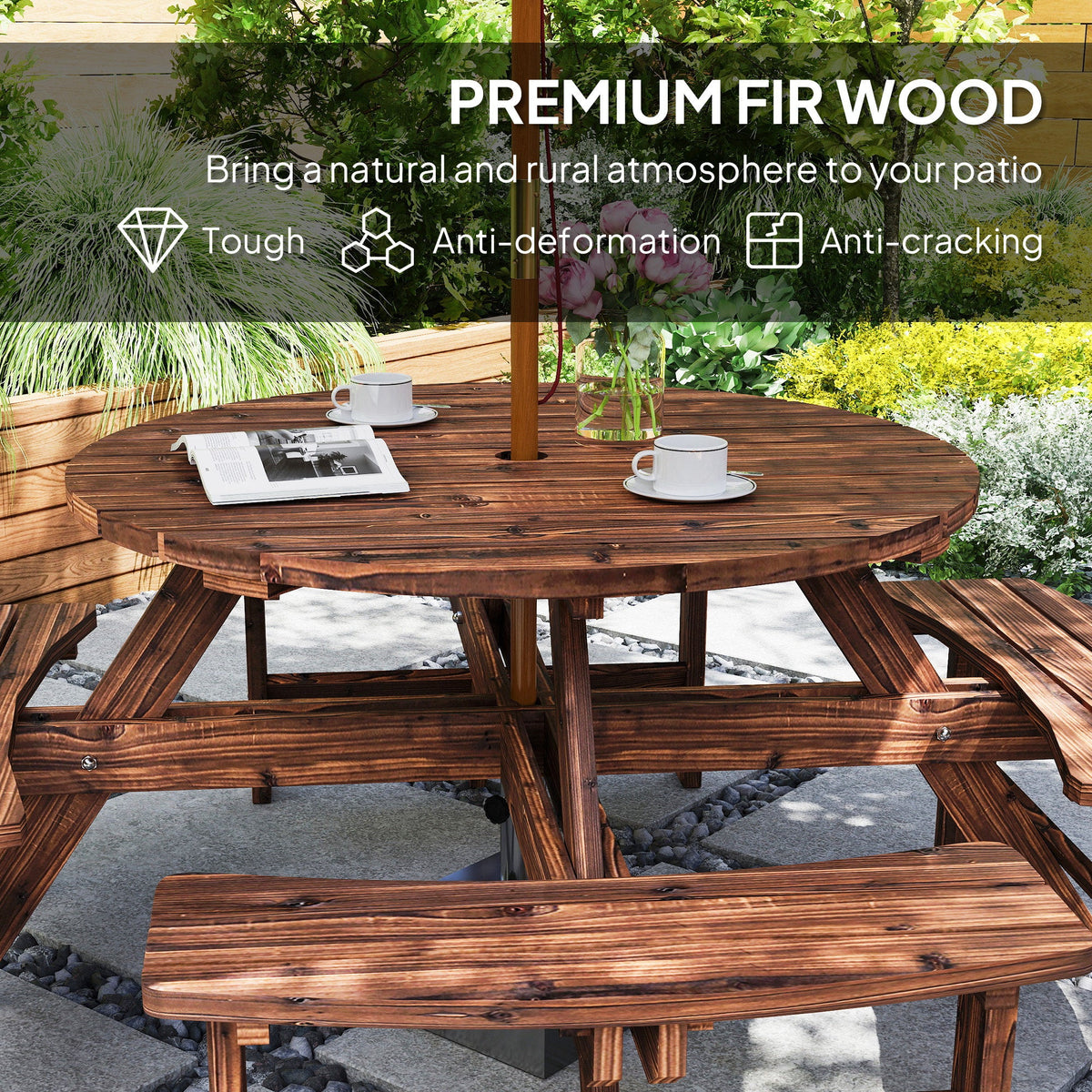 8 Seater Wooden Garden Picnic Table Set with Matching Bench, Tan — product view 7