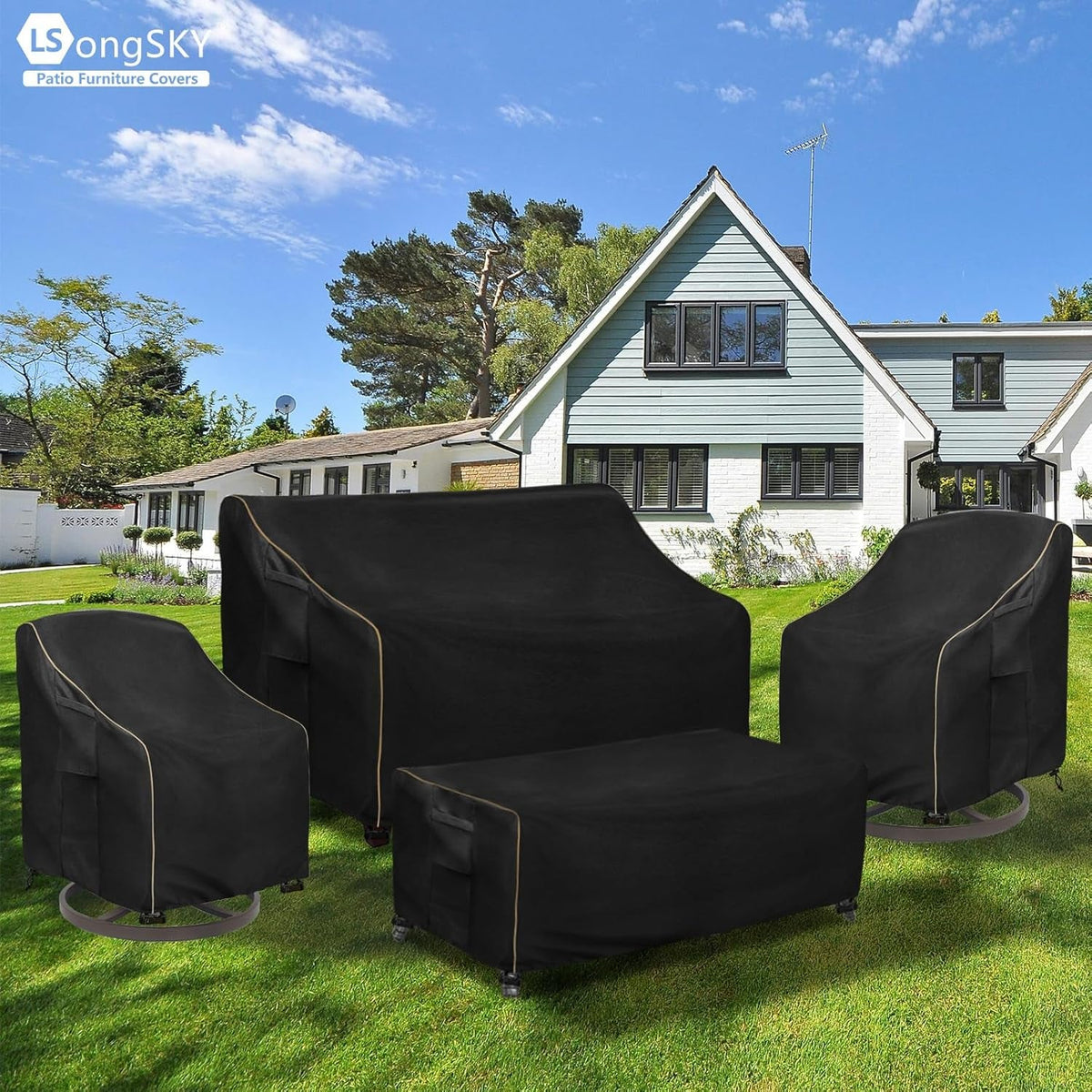 Patio Furniture Covers 4 Piece Set, 600D Heavy Duty Outdoor Furniture Covers Waterproof for Patio Loveseat, Swivel Rocker Chair and Coffee Table,Black — product view 7