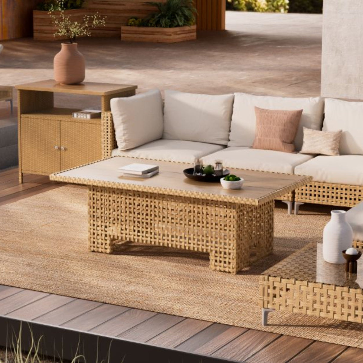 LOUNGE YARD Outdoor & Indoor Coffee Dining Table - All-Weather Resin Wicker Rattan, Adjustable Steel Slat Lift Top — product view 2