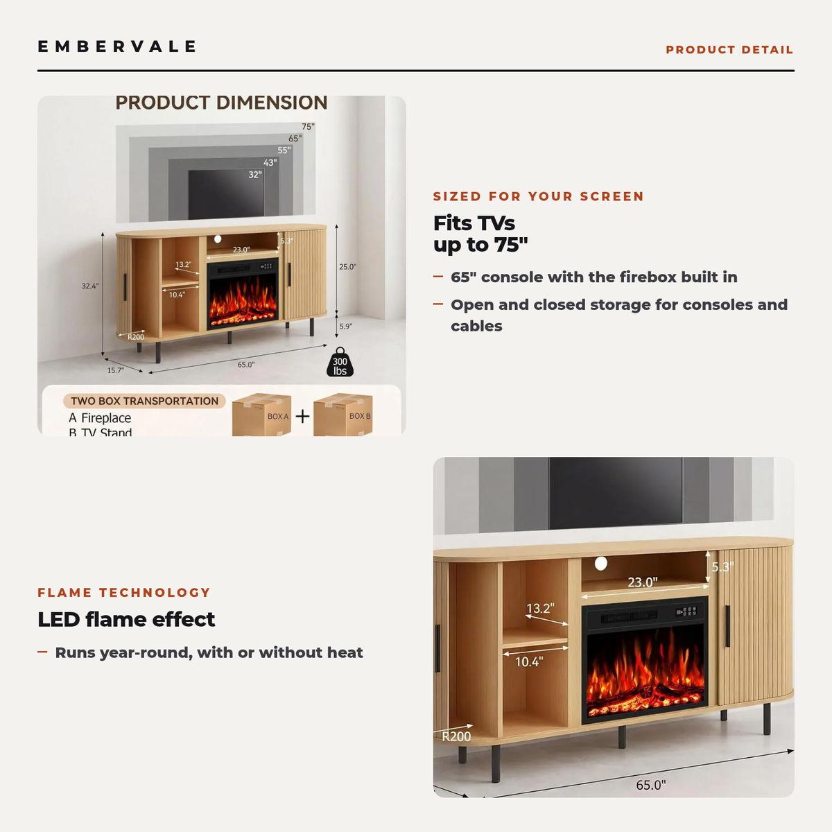 65 Inch Electric Fireplace TV Stand for TVs up to 75 Inch, Modern Media Console Entertainment Center for Living Rooms — product view 2
