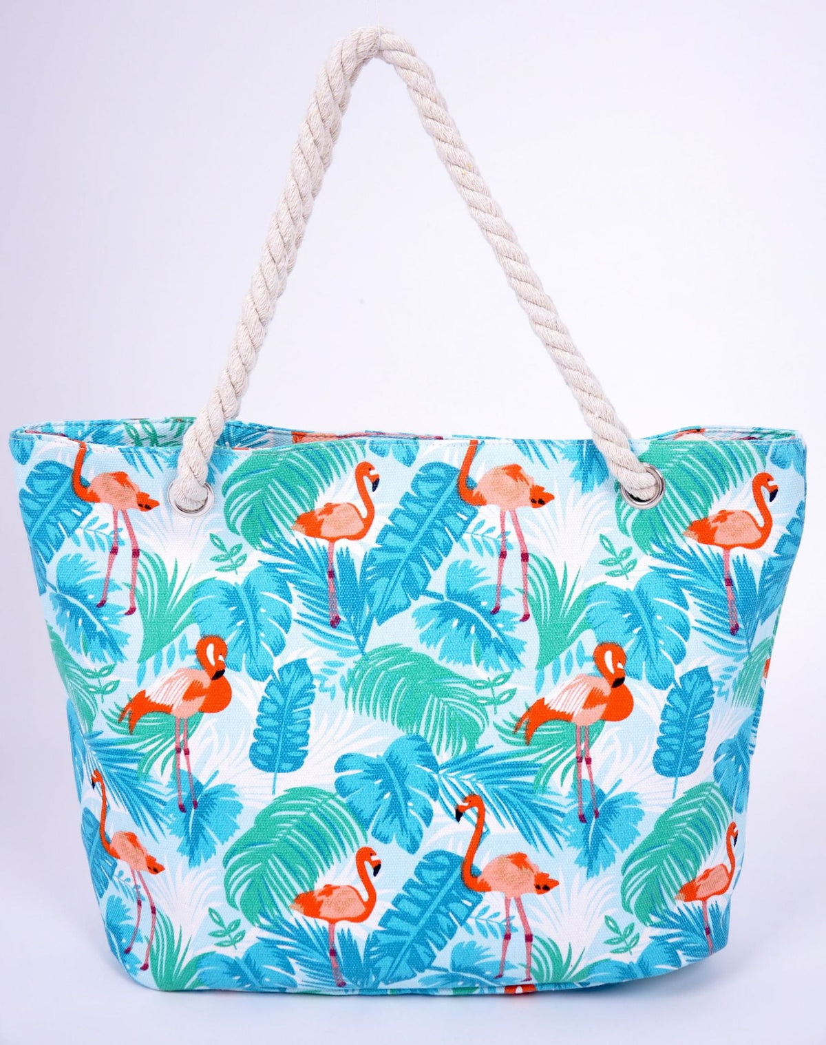 Large beach bag with vibrant flamingo motifs LoungeYard — product view 4