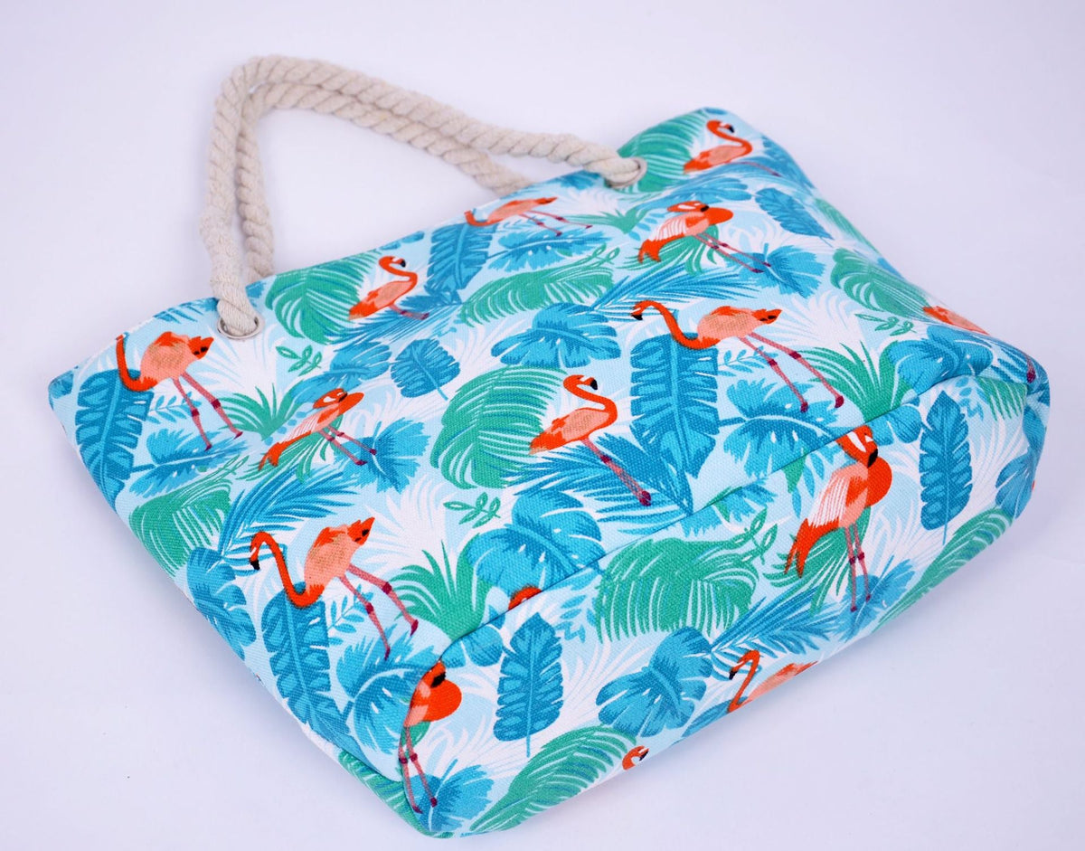 Large beach bag with vibrant flamingo motifs LoungeYard — product view 6