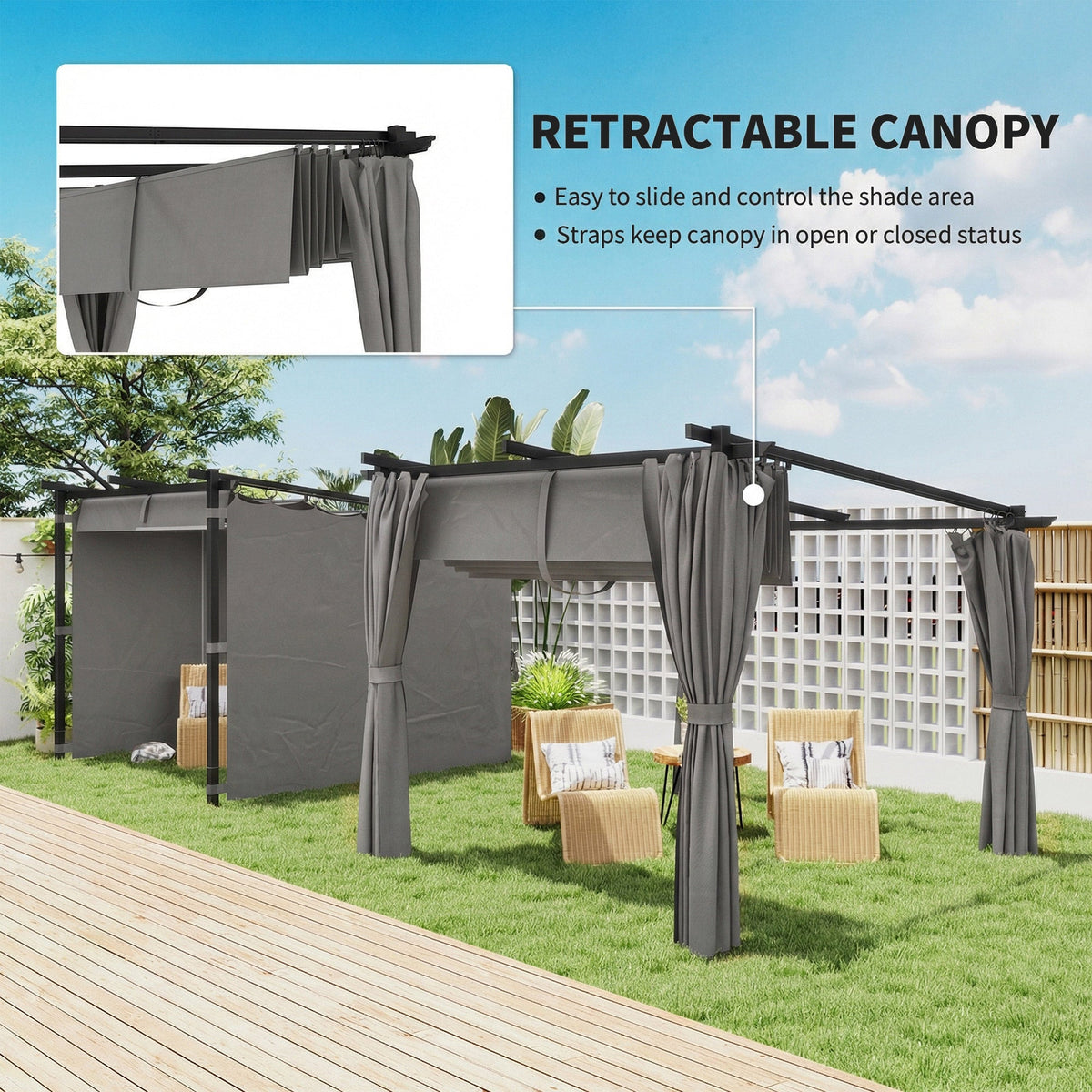 3 x 3 m Metal Pergola with Retractable Roof and Sidewalls, Light Grey — product view 6