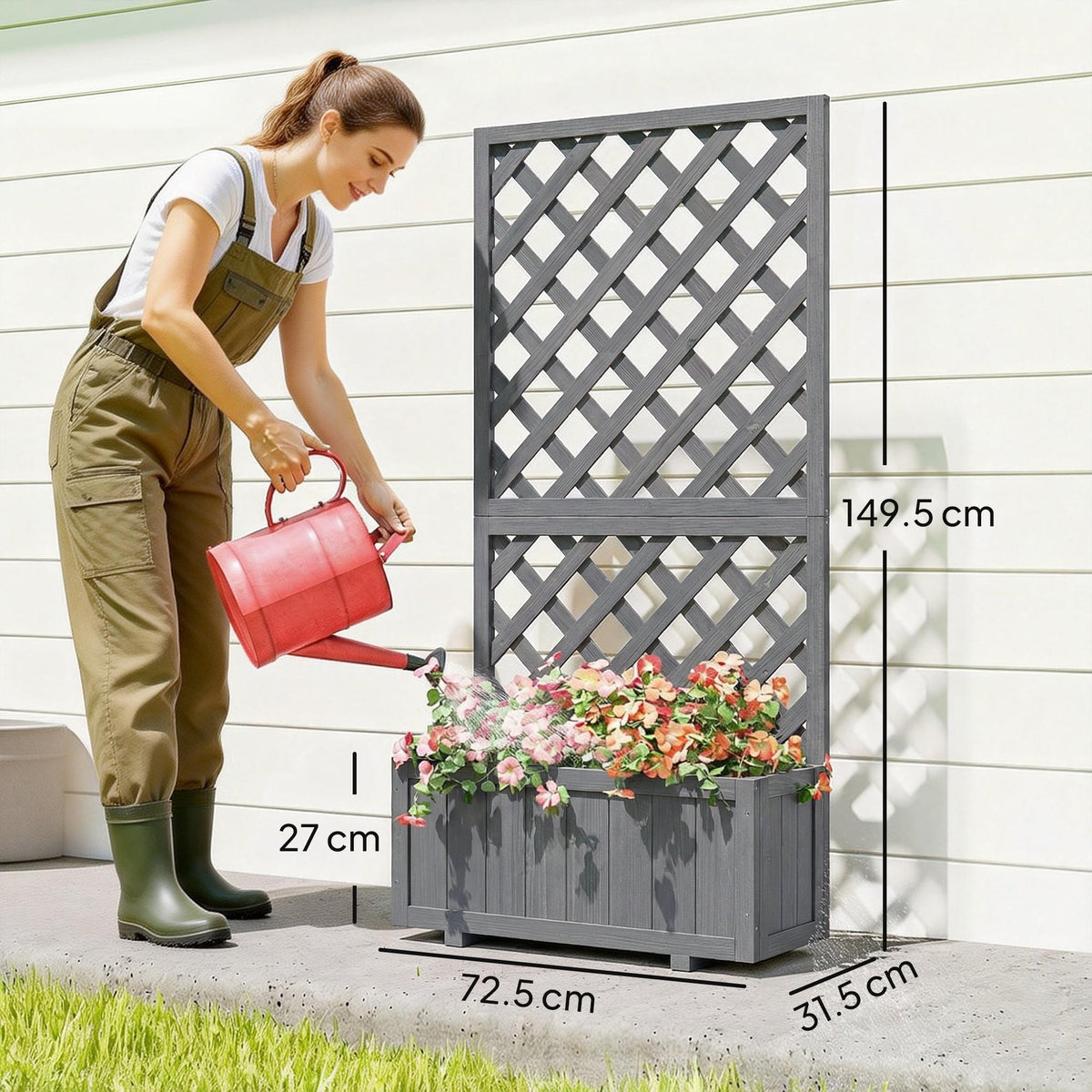 Wood Planter with Trellis and Drainage Holes, Grey — product view 5