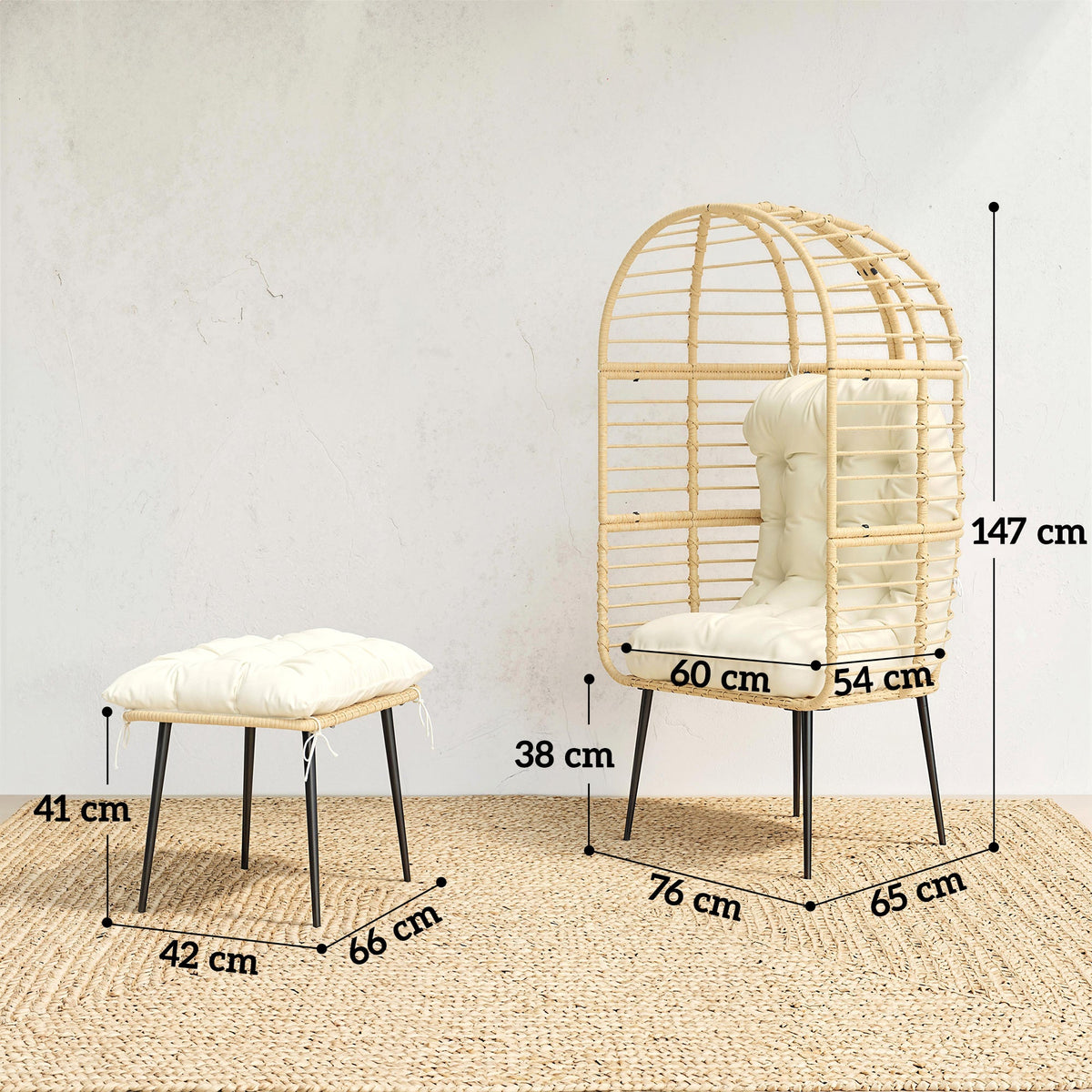 Standing Egg Chair with Footstool, PE Rattan Egg Chair with Cushions, Beige — product view 5