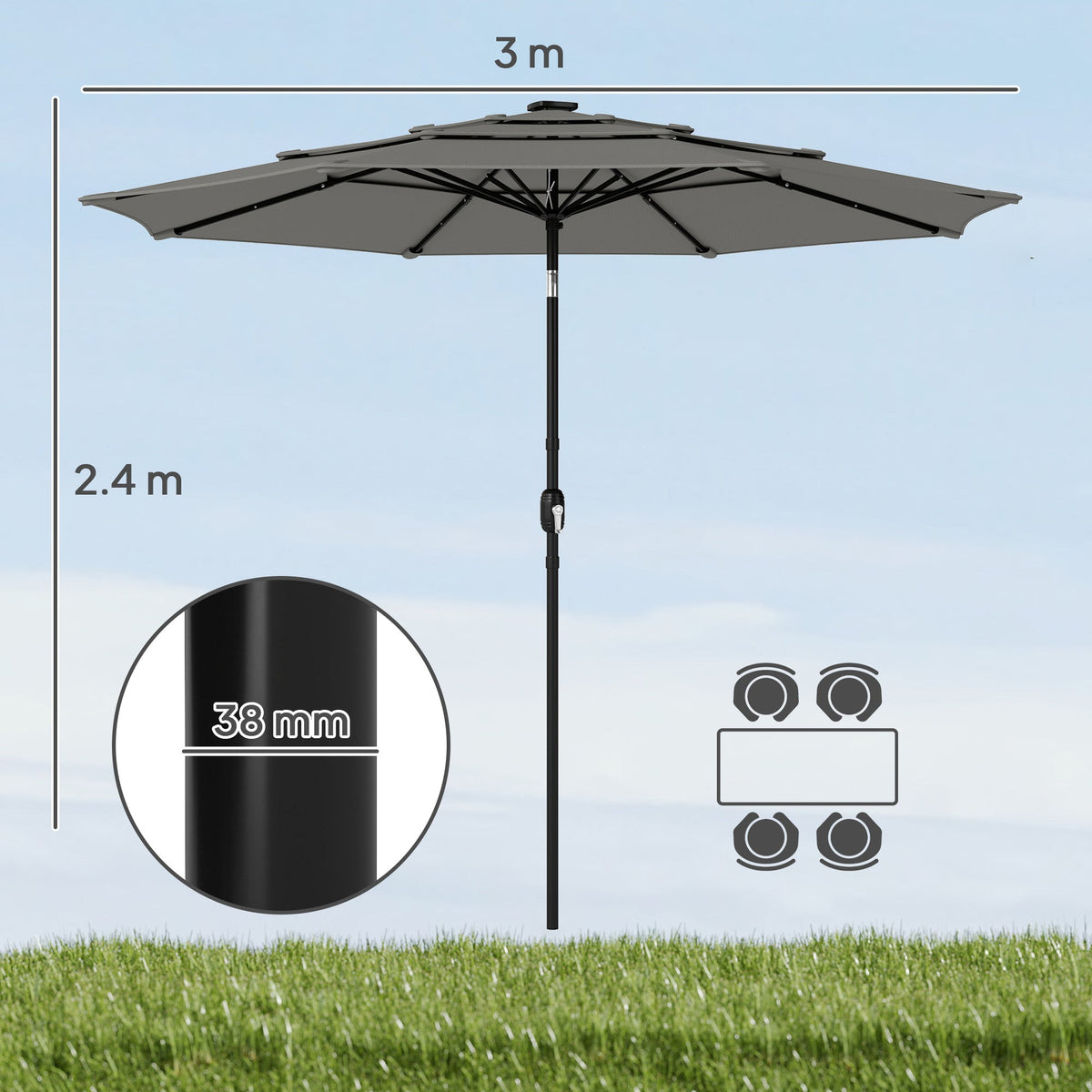 3 m Garden Parasol with 3-Tier Roof, Crank Handle & Tilt, Grey — product view 5