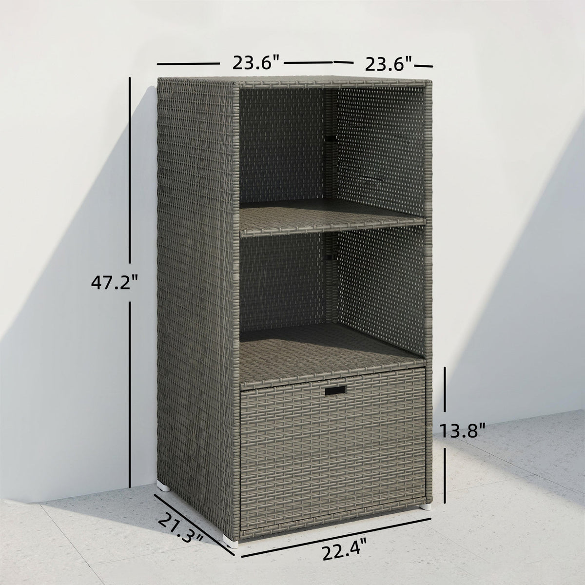 Pool Towel Rack with 2 Shelves and Basket Drawer, PE Rattan, Dark Gray — product view 5