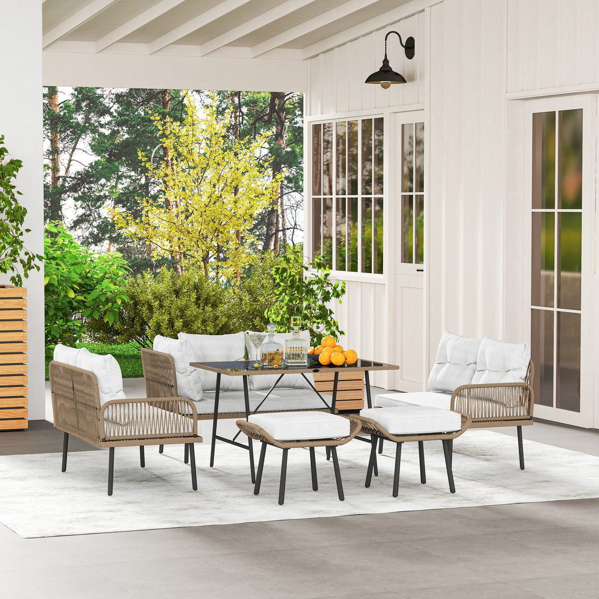 6 Piece Rattan Garden Furniture Set, 8 Seater Corner Sofa with Glass Table, Cream White — product view 4