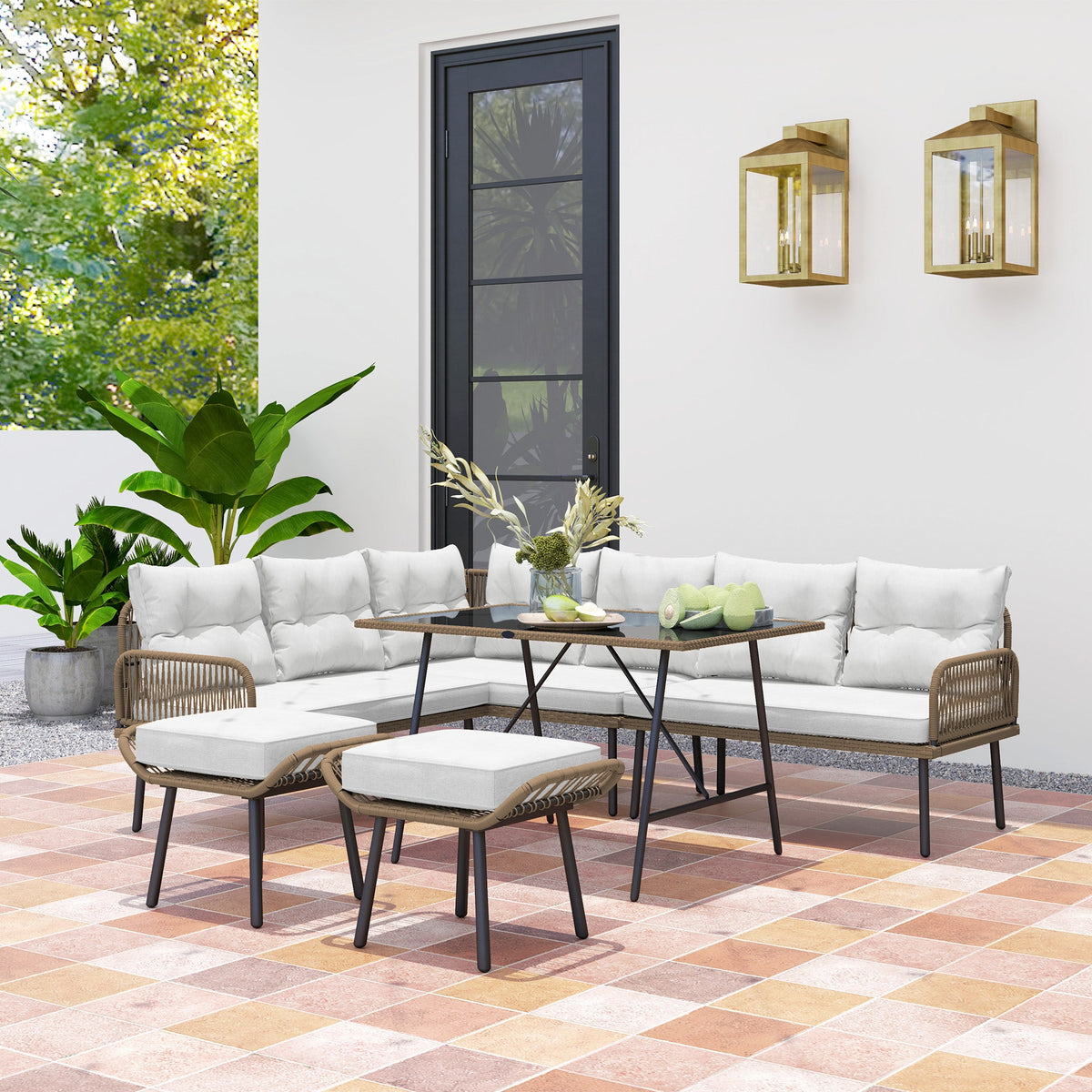 6 Piece Rattan Garden Furniture Set, 8 Seater Corner Sofa with Glass Table, Cream White — product view 3