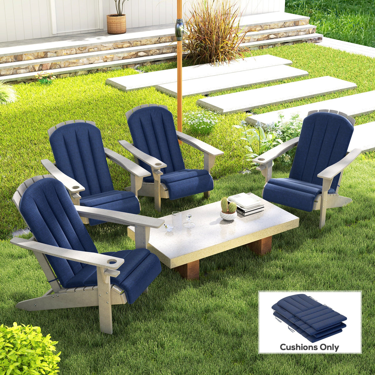4-Piece Adirondack Chair Cushion Set with Ties, Navy Blue — product view 3