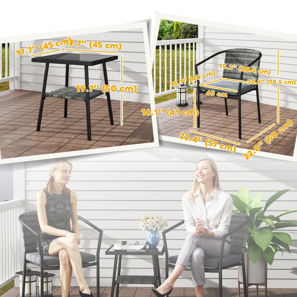 3pc Wicker Bistro Set with Cushions and 2-Tier Glass Table, Dark Grey — product view 5