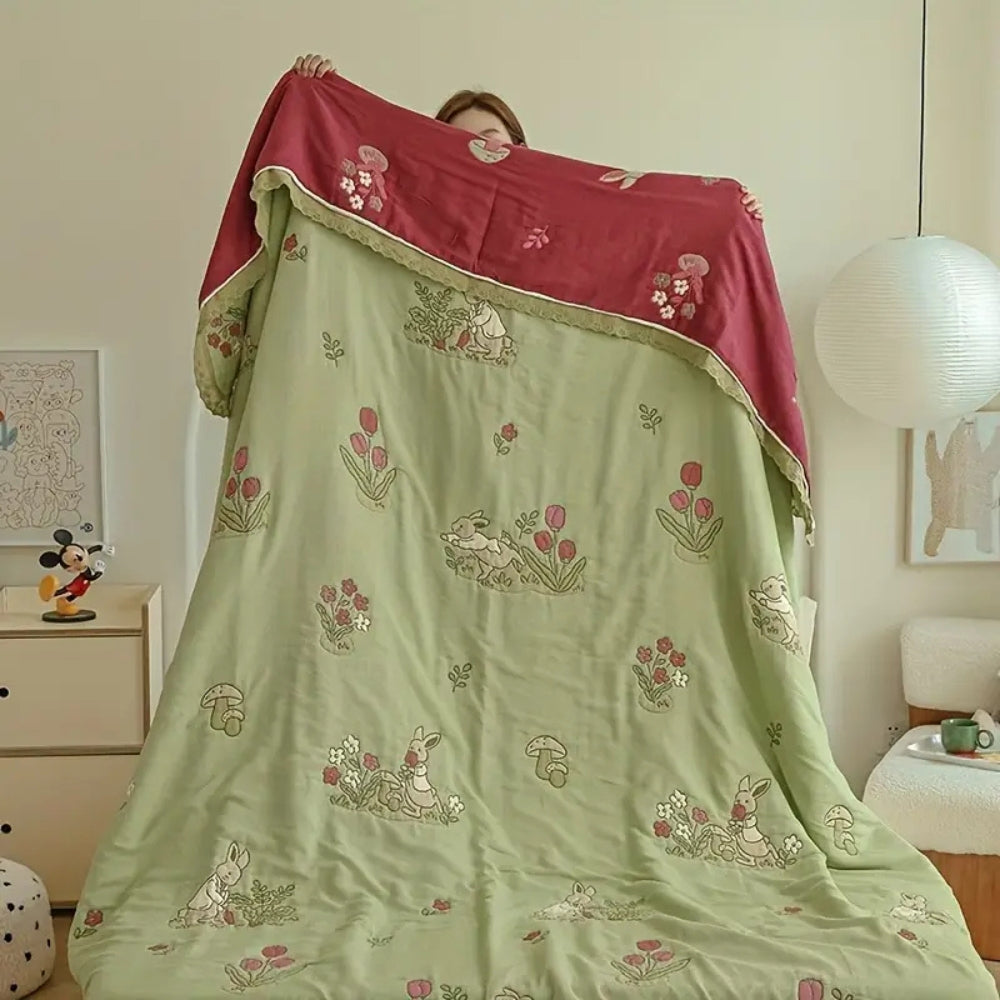 LoungeYard | Embroidered Bunny Floral Cotton Blanket — product view 6