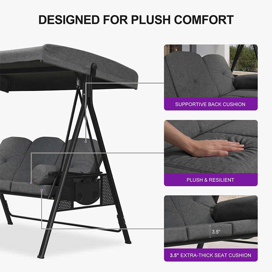 PURPLE LEAF 3-Seat Porch Swing Outdoor w/Cushion & Adjustable Canopy — product view 4