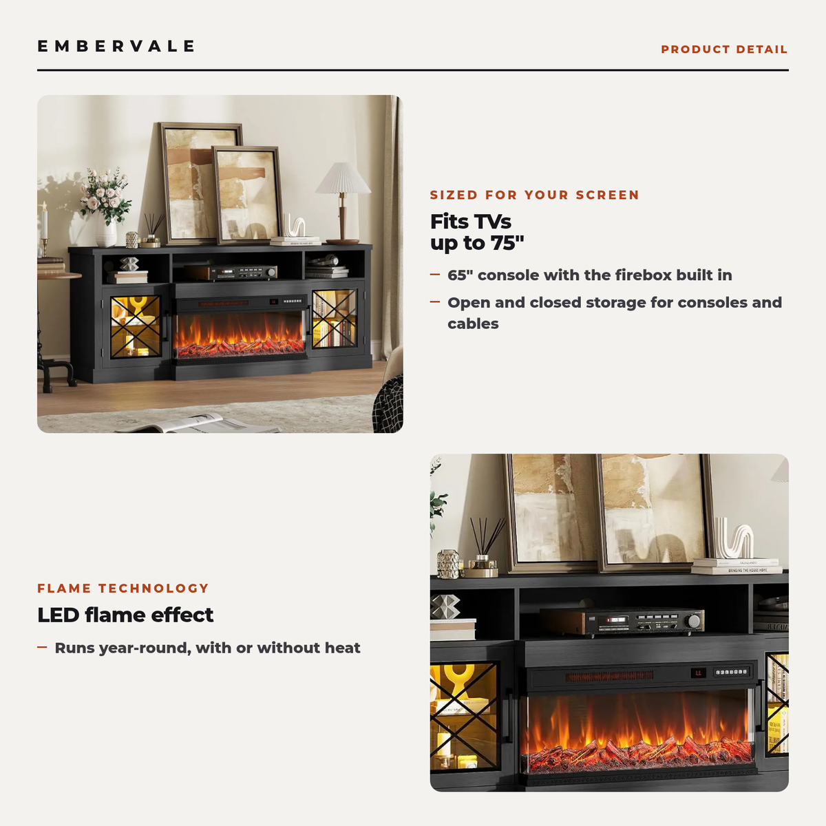 65 Inch Electric Fireplace TV Stand for TVs up to 75 Inch, 3-Sided Glass, Modern Media Console Entertainment Center for Living Rooms — product view 2
