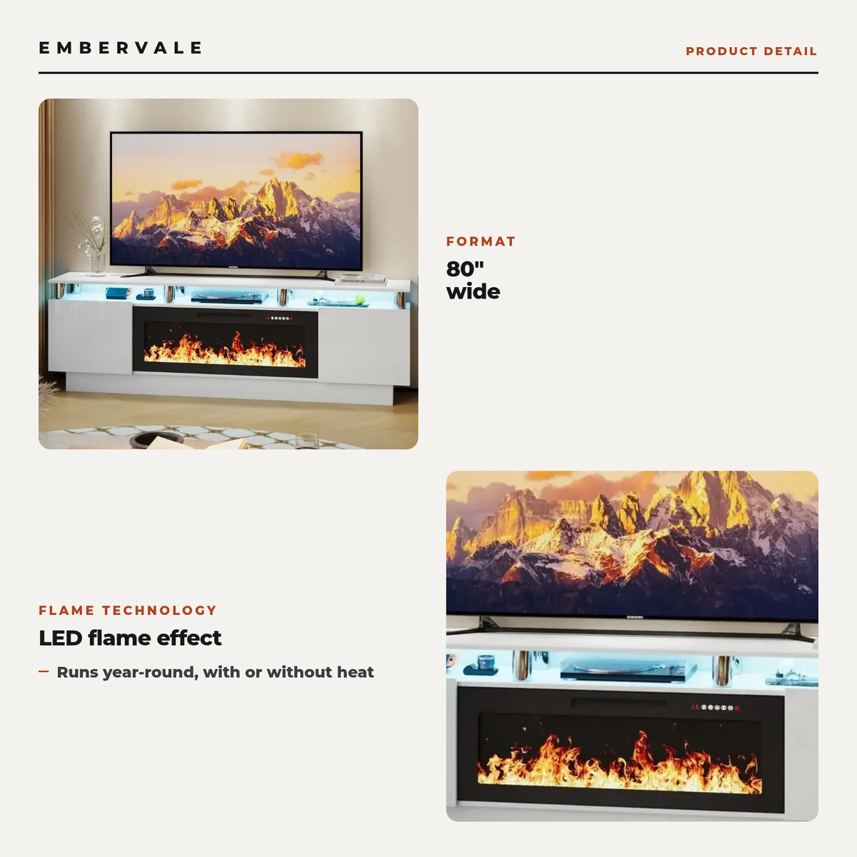 80 Inch Electric Fireplace TV Stand, Modern Media Console Entertainment Center, Adjustable LED Flame for Living Rooms — product view 2