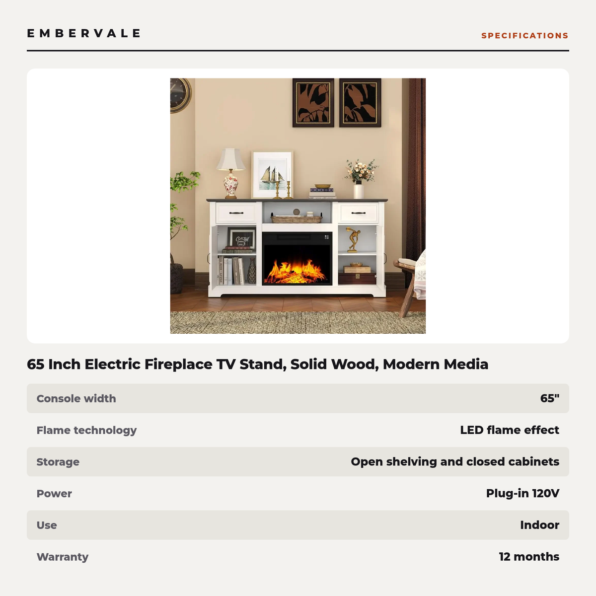65 Inch Electric Fireplace TV Stand, Solid Wood, Modern Media Console Entertainment Center, Storage Cabinets for Living Rooms — product view 3
