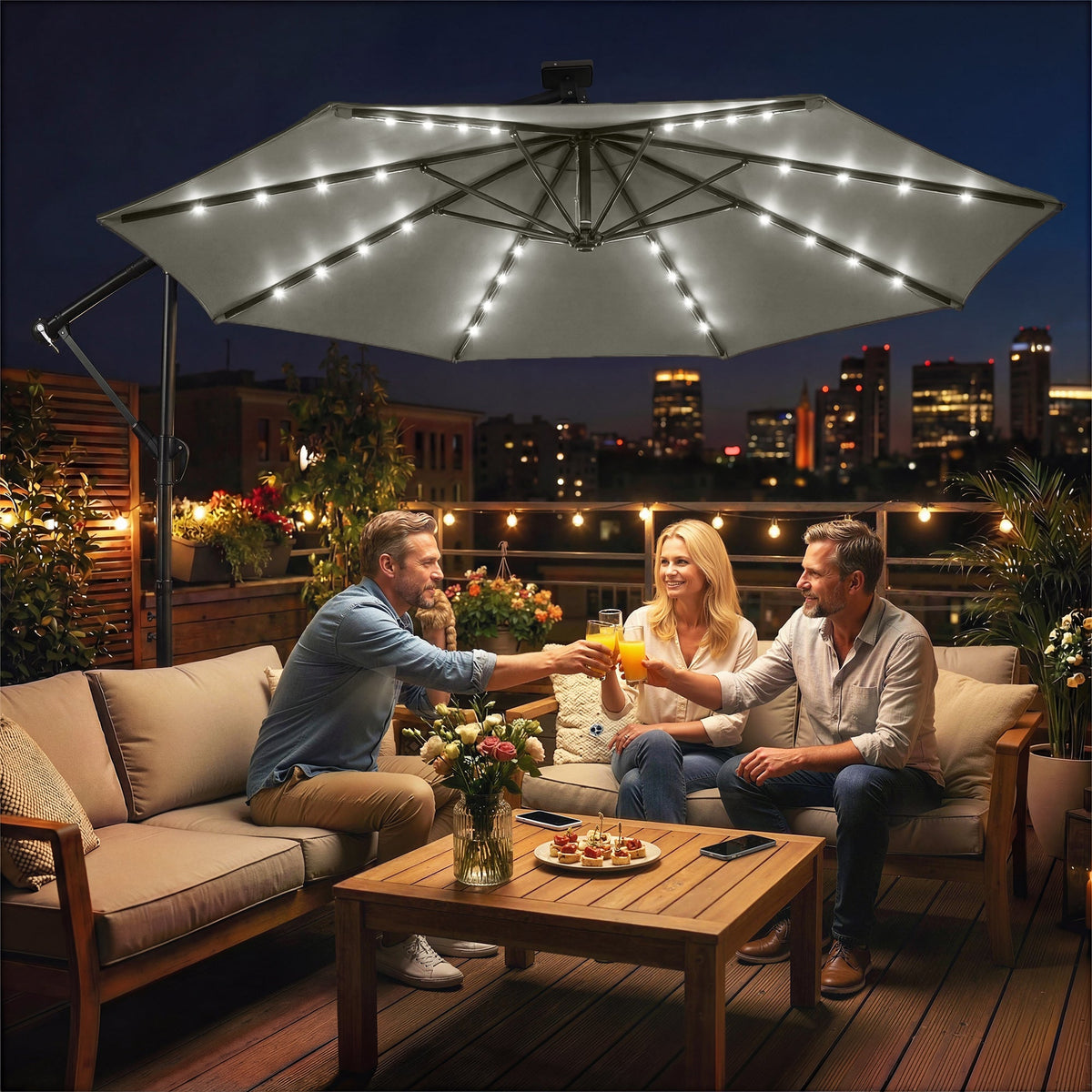 9.7 ft Cantilever Patio Umbrella with Solar LED Light and Cover, Grey — product view 3