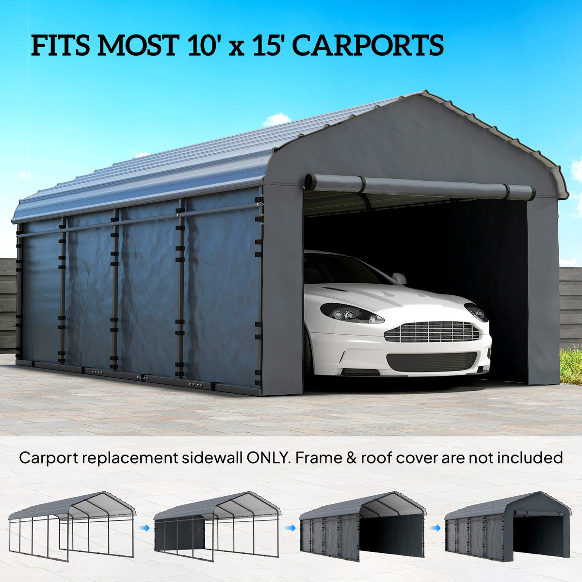 Carport Sidewalls with Roll-Up Door for 10' x 15' Structure, UPF50+ Waterproof PE Tarp, Dark Grey — product view 6