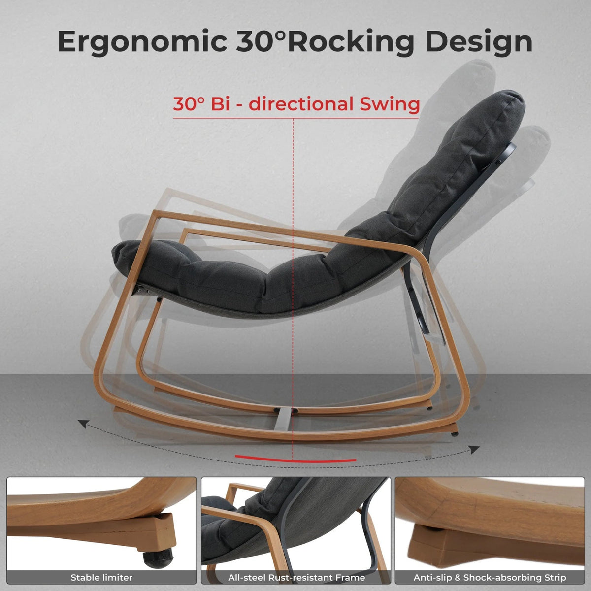 LOUNGE YARD Outdoor Modern Rocking Chair with Water-Resistant Fabric & Walnut-Finish Legs — product view 3