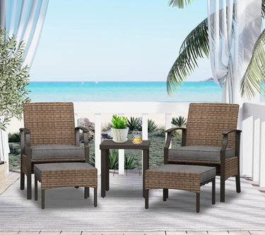 LOUNGE YARD 5 Pieces Outdoor Patio Furniture Sets Weather Resistant Wicker Outdoor Chairs with Ottomans and Coffee Tables