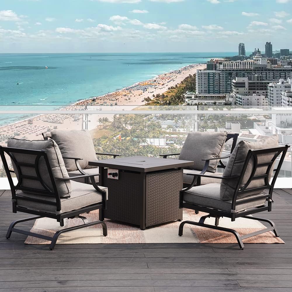 LOUNGE YARD 5 PCS Outdoor Furniture Conversation Grey Cushions Rocking Chairs Propane Gas Fire Table — product view 6