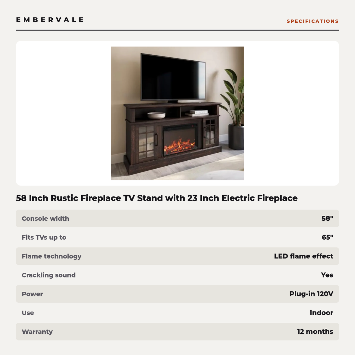 58 Inch Rustic Fireplace TV Stand with 23 Inch Electric Fireplace & Crackling Sound, Traditional Media Console for 65 Inch TVs — product view 3