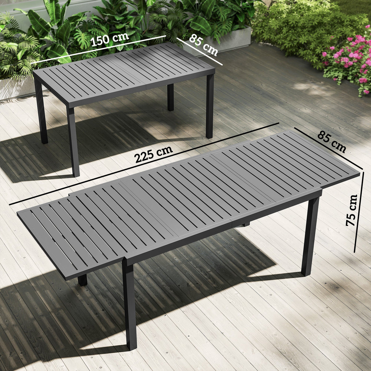 150/225 x 85 x 75 cm Extending Garden Table for 6-8, Dark Grey — product view 5