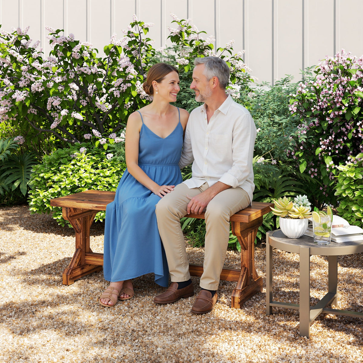 2-Person Outdoor Wooden Bench with Farmhouse X-Shaped Base, Carbonized — product view 3