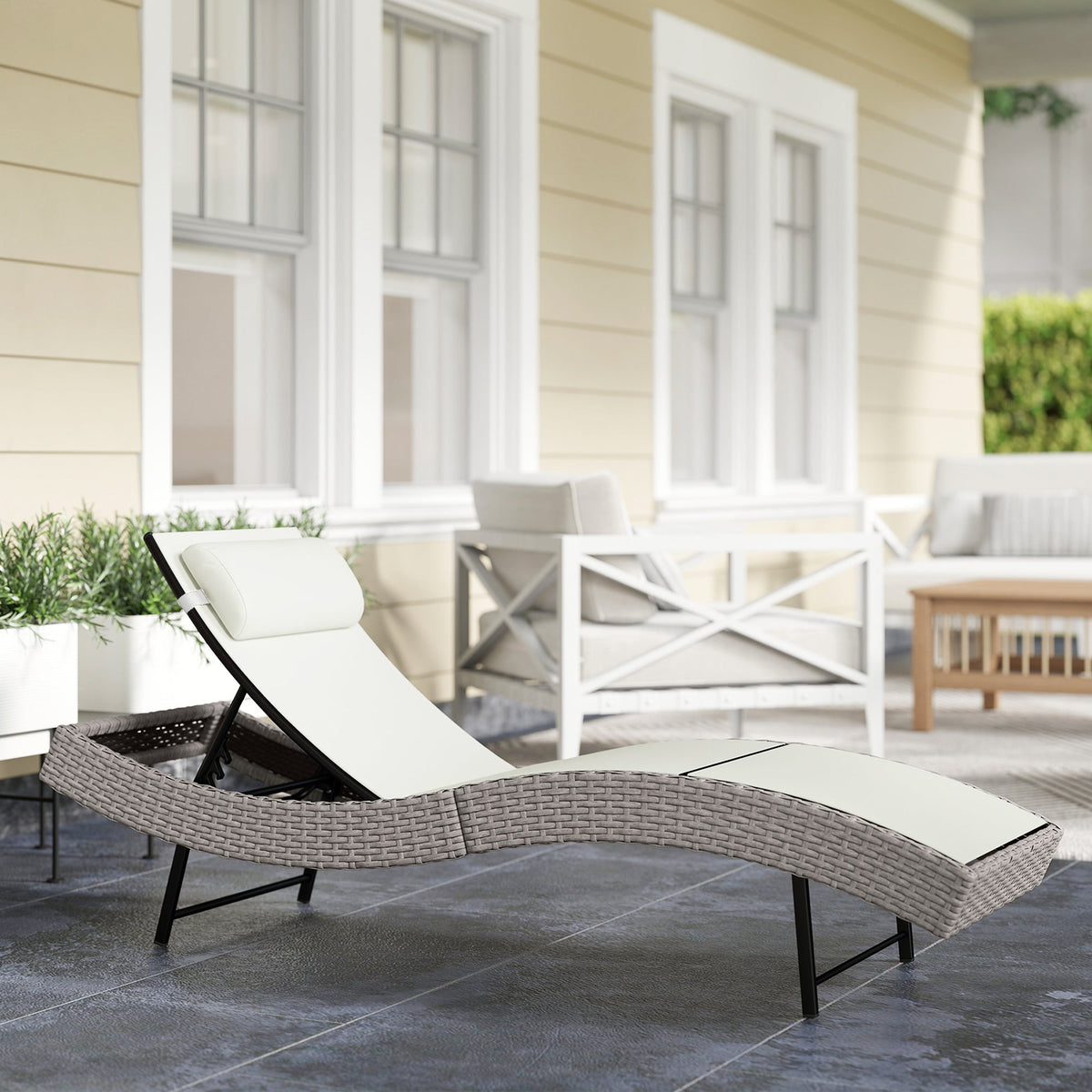 Rattan Sun Lounger with S-Shaped Seat and 5-Position Backrest, Cream White — product view 3