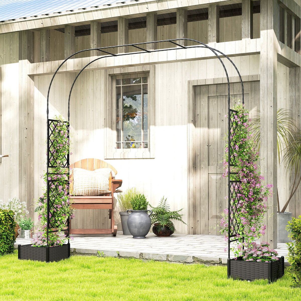 7.2ft Garden Arch with 2 Planter Boxes for Climbing Plants, Black — product view 4