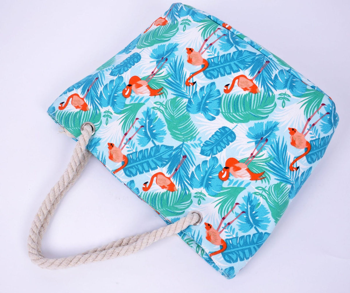 Large beach bag with vibrant flamingo motifs LoungeYard — product view 7