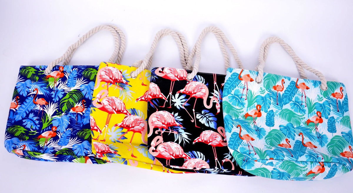 Large beach bag with vibrant flamingo motifs LoungeYard — product view 2