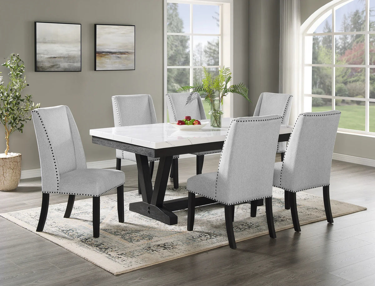 Vesper Bridgend Black Finish Wood 7-Piece Trestle Base White Faux Marble Top Dining Table Set – 9052-7PC — product view 1